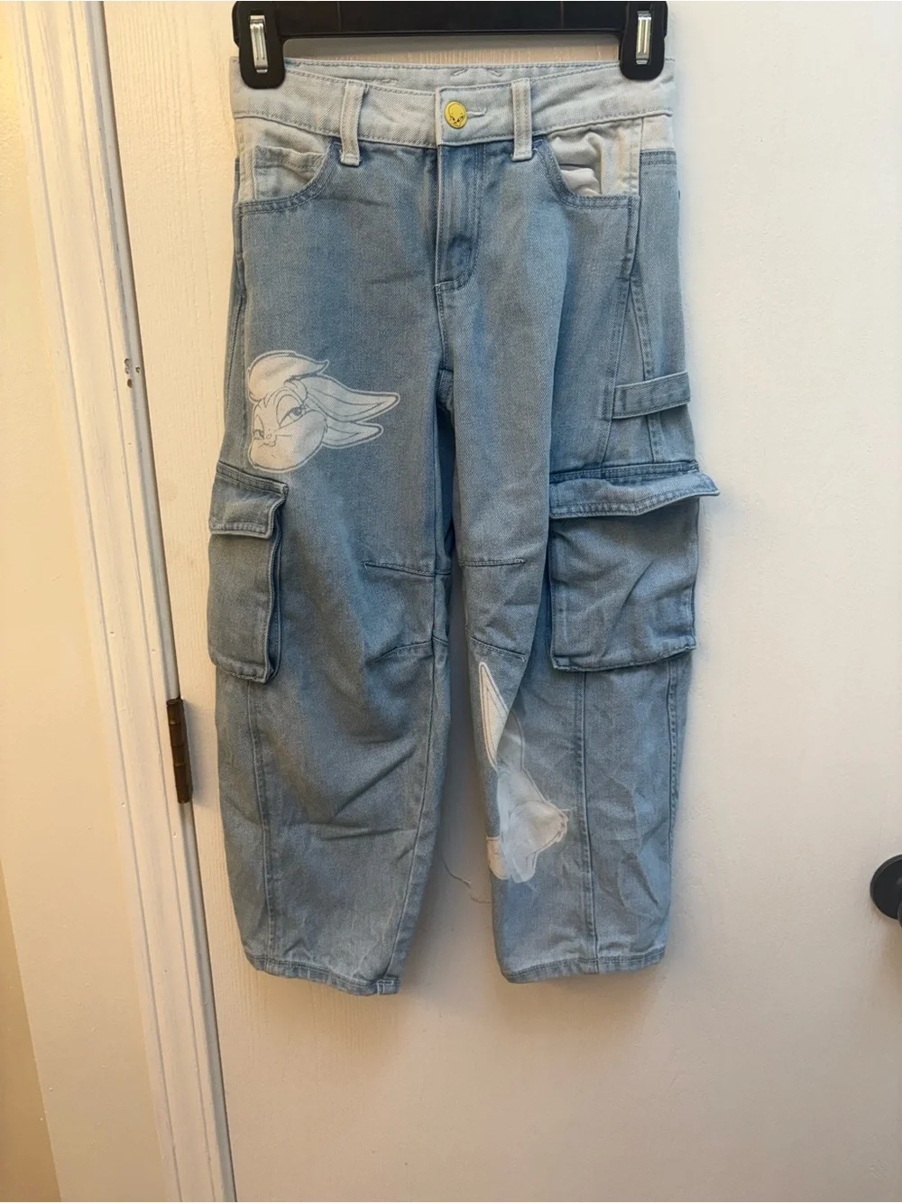 Justice Light Blue Cargo Jeans with Character Graphics - wide leg - cute!!